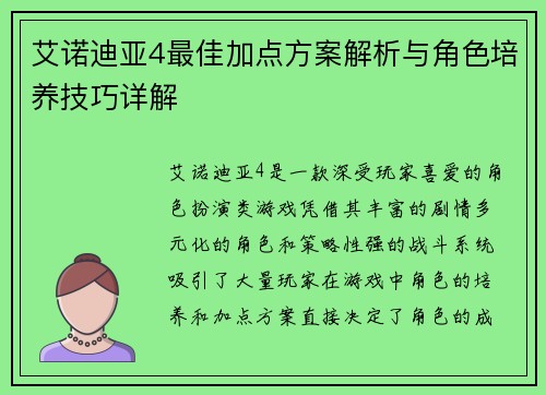 艾诺迪亚4最佳加点方案解析与角色培养技巧详解