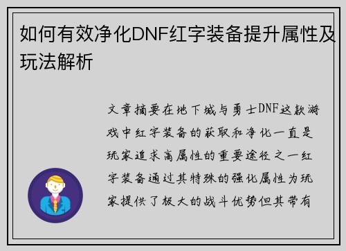 如何有效净化DNF红字装备提升属性及玩法解析